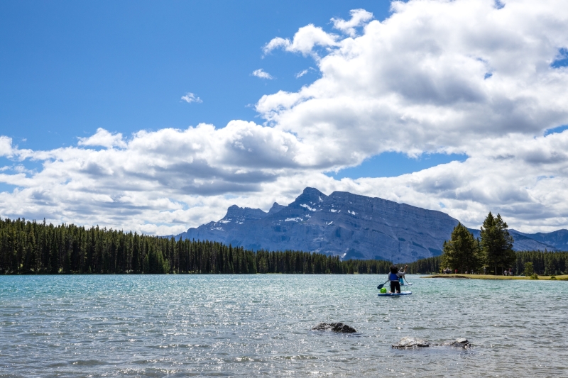 Tourists paddleboarding on Two Jack Lake